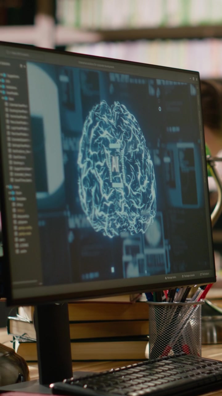 Vertical Video Ai Brain Display Filling Desktop Monitor In Library Study Workspace