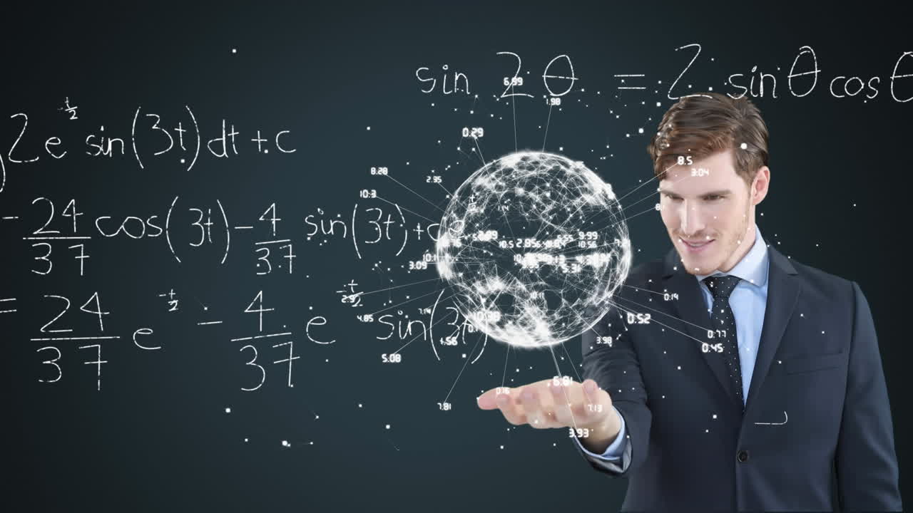 animación de un hombre caucásico que presenta un modelo de globo 3d con red con iconos de fórmulas matemáticas