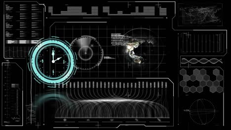 Animation of clock moving fast and data processing with globe on screen