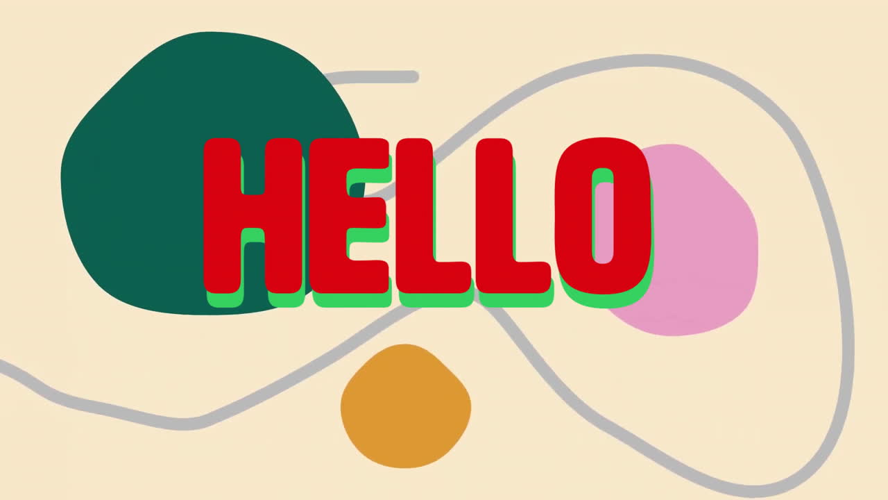 HELLO text animation over colorful abstract shapes on beige background