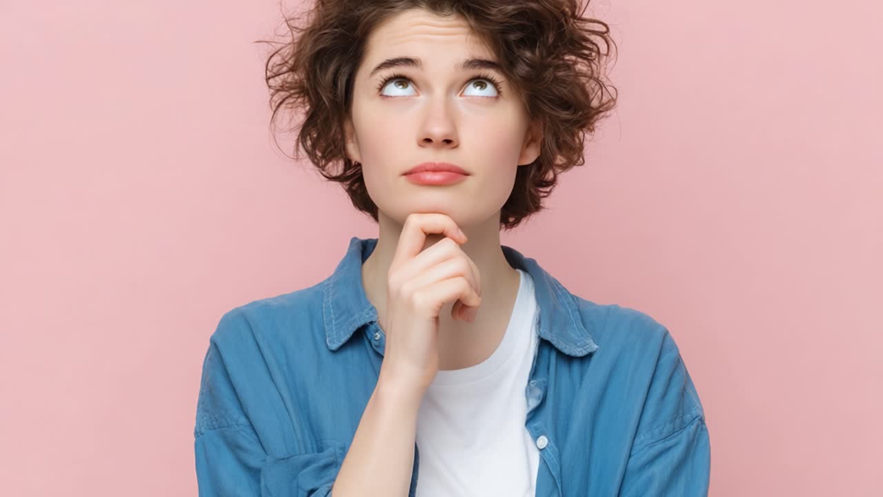 Contemplative Moments: Exploring Thoughts and Expressions in a Playful Setting with a Thoughtful Individual Against a Soft Pink Background
