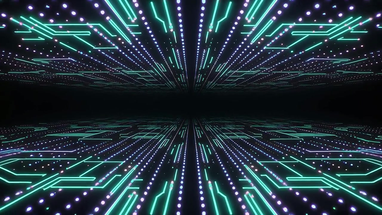 Seamless Loop of Digital Data Flowing Through a Futuristic Circuit Tunnel