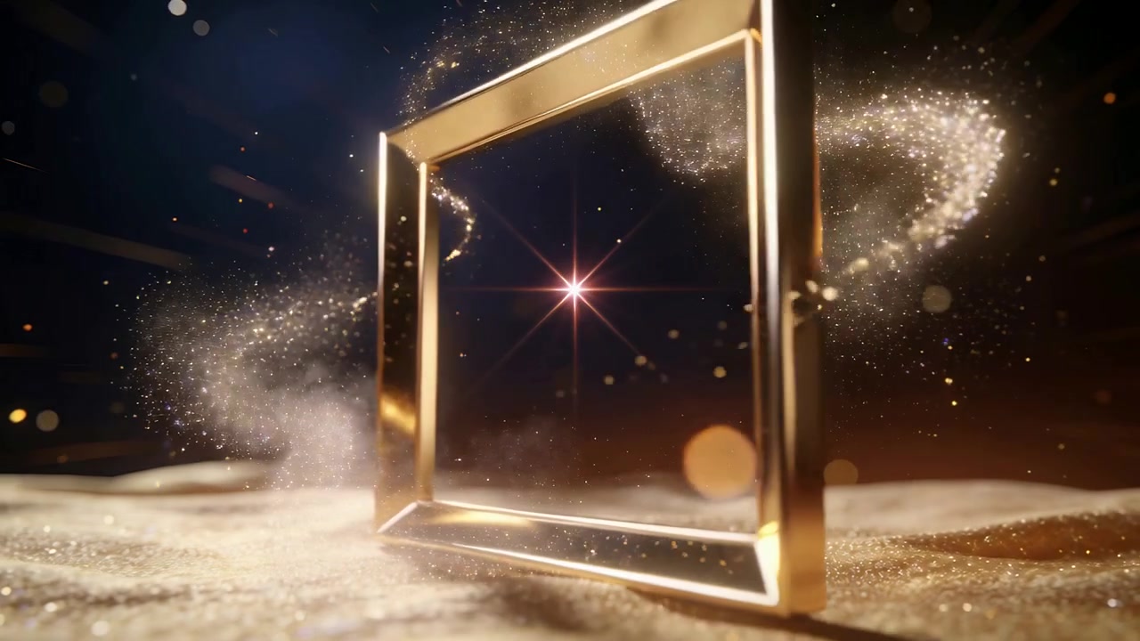 Cornice d'oro rotante su sabbia scintillante, polvere vorticante che la avvolge, punto luminoso dietro di essa che crea un bagliore