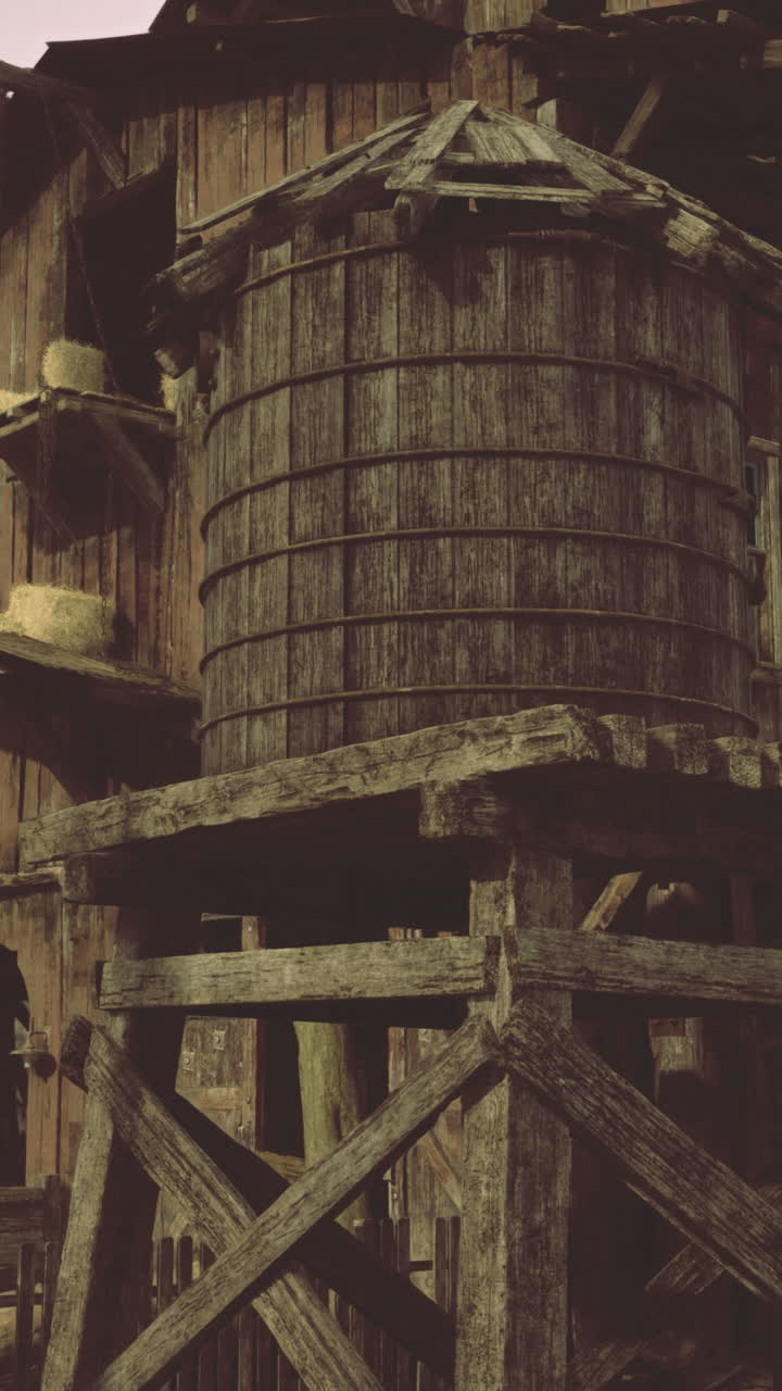 Old wooden barn and water tower in a rural setting during early evening hours