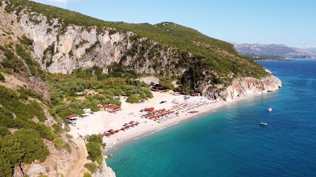 White Sandy Gjipe Beach and Canyon, Albania - Aerial Circling Pan
