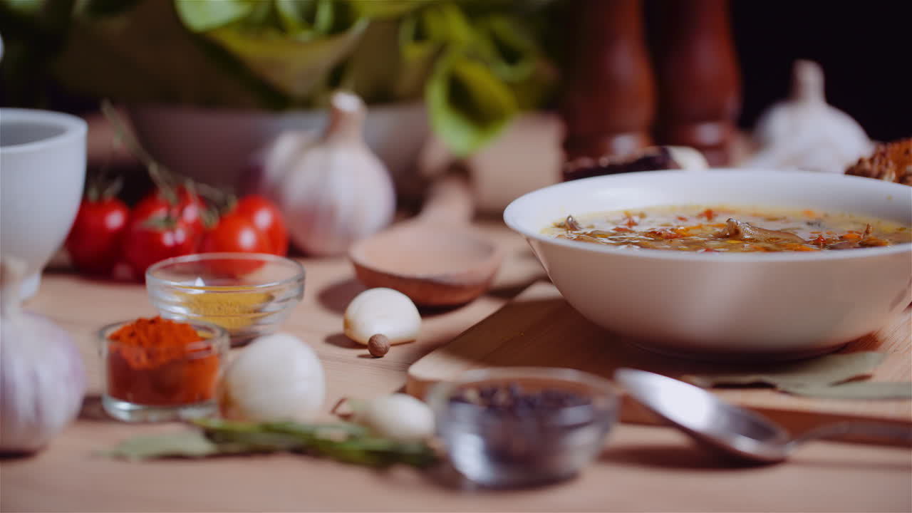 나무 테이블 9에 모듬된 다양한 재료 가운데 그릇에 수프