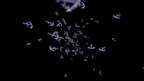 volando muchas anclas en fondo negro. ancla de barco y barco. icono marino. animación de bucle 3d de ancla giratoria.