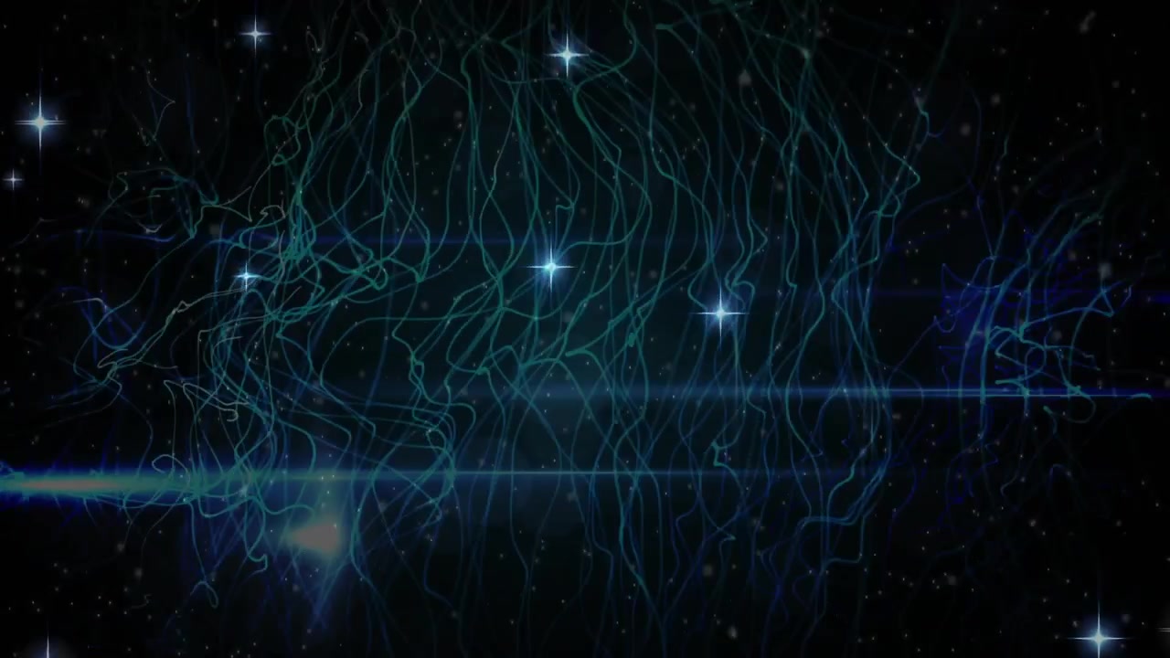 Neon-green filaments swaying and undulating on scene start, shifting and pulsing cosmic energy flow