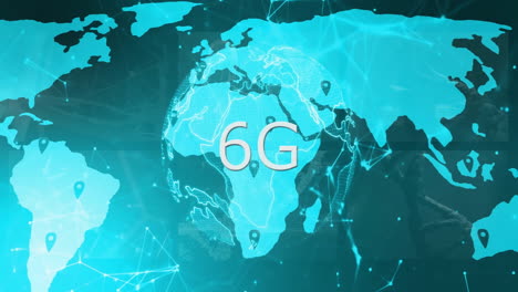 Digital world map with 6G network connections and animation elements on display