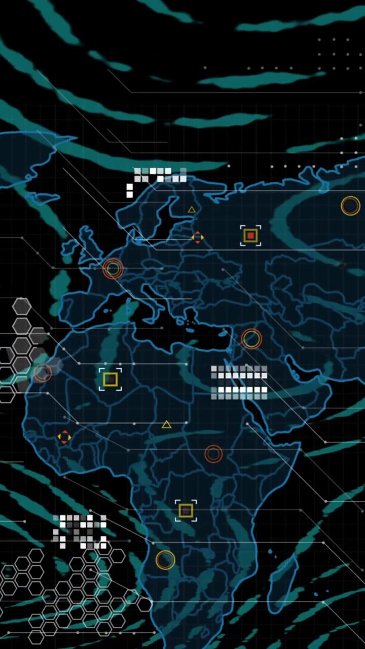 Animation of circular pattern over circuit board pattern on map against black background