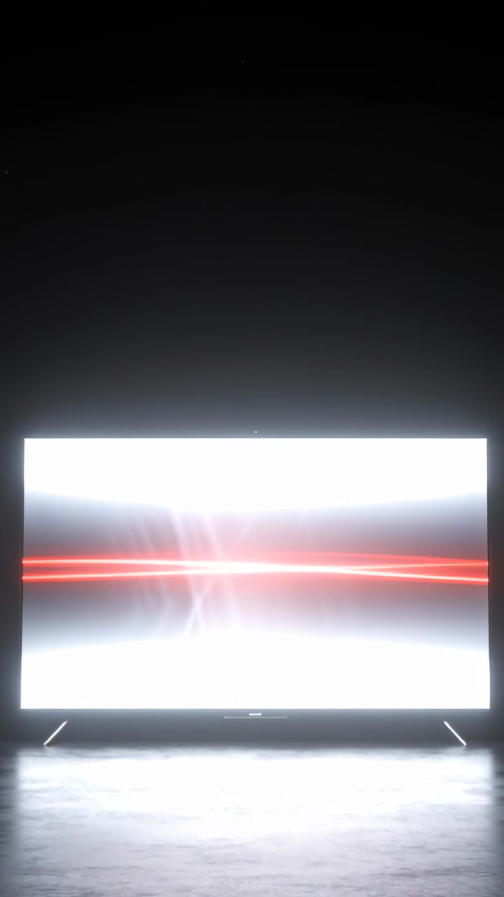 Video verticale: Sequenza in avvio, che mostra un pannello LED luminoso con una striscia rossa che si sposta in una galleria su gambe.