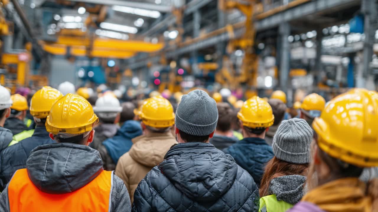A Diverse Group of Workers Wearing Safety Helmets Observing Operations within a Large Manufacturing Facility Amidst Industrial Equipment and Machinery