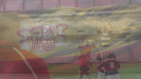 animation of flag of spain over diverse rugby players at stadium