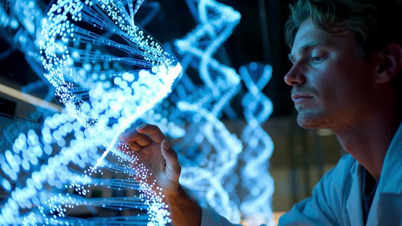 Videnskabsmand studerer DNA-strenge i et laboratoriemiljø.