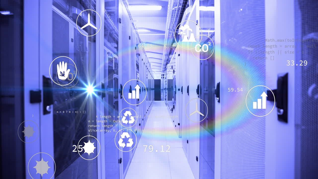 Animation of digital icons and data processing over server room