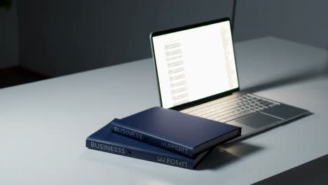 laptop with business books on a table