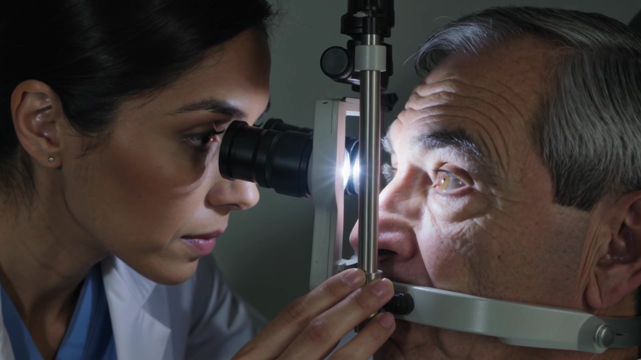 Leaning Dr in lab coat at clinic adjusting slit-lamp lamp turning on checking patient's right eye