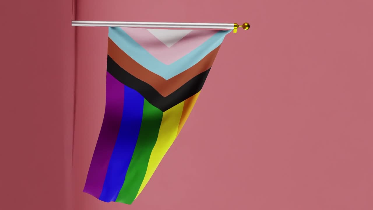 Progress pride flag waving on pole against solid pink background. Fabric texture with rainbow colors and chevron stripes in blue, pink, white, brown, and black. LGBTQ+ identity and equality vertical