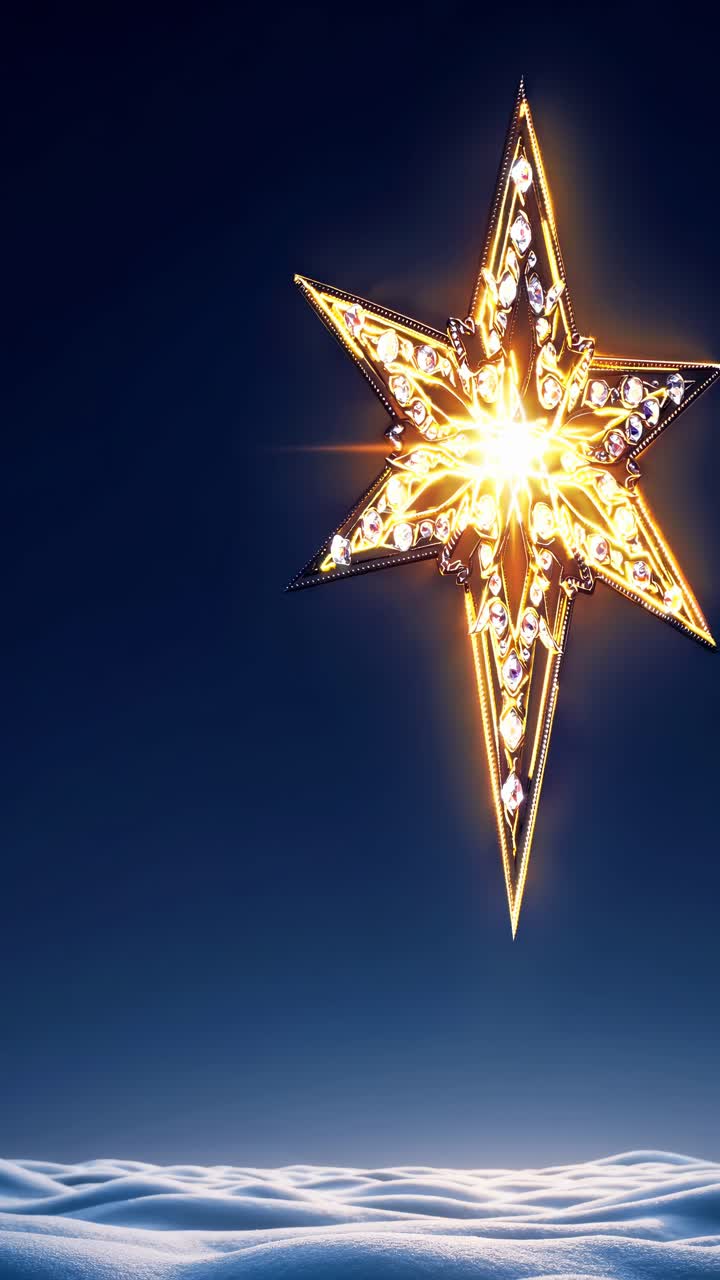 A glowing, ornate star hovers above a snowy landscape, captured from a low angle