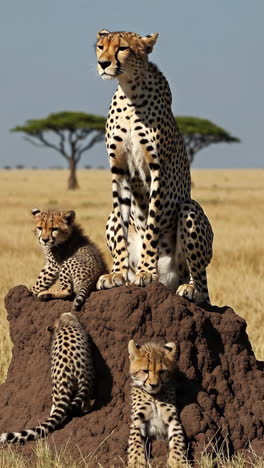 cheetah mother and cubs in the savanna