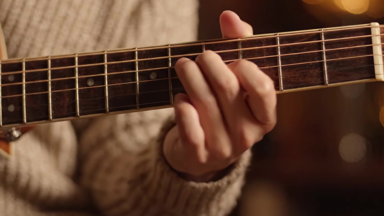 An Intimate Moment of Musical Expression: A Close-Up of a Hand Skillfully Playing Guitar Chords with Warm Lighting in the Background