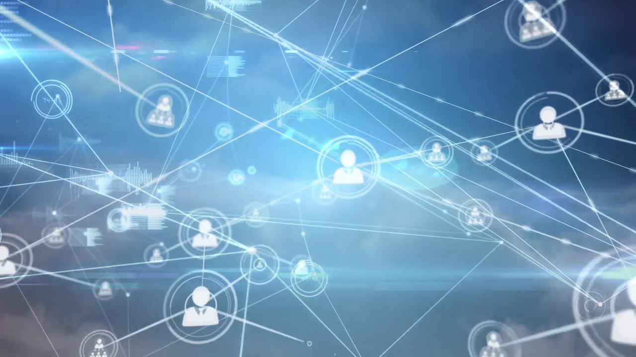 animación de la creciente red de iconos de personas que transfieren datos en un fondo azul brillante