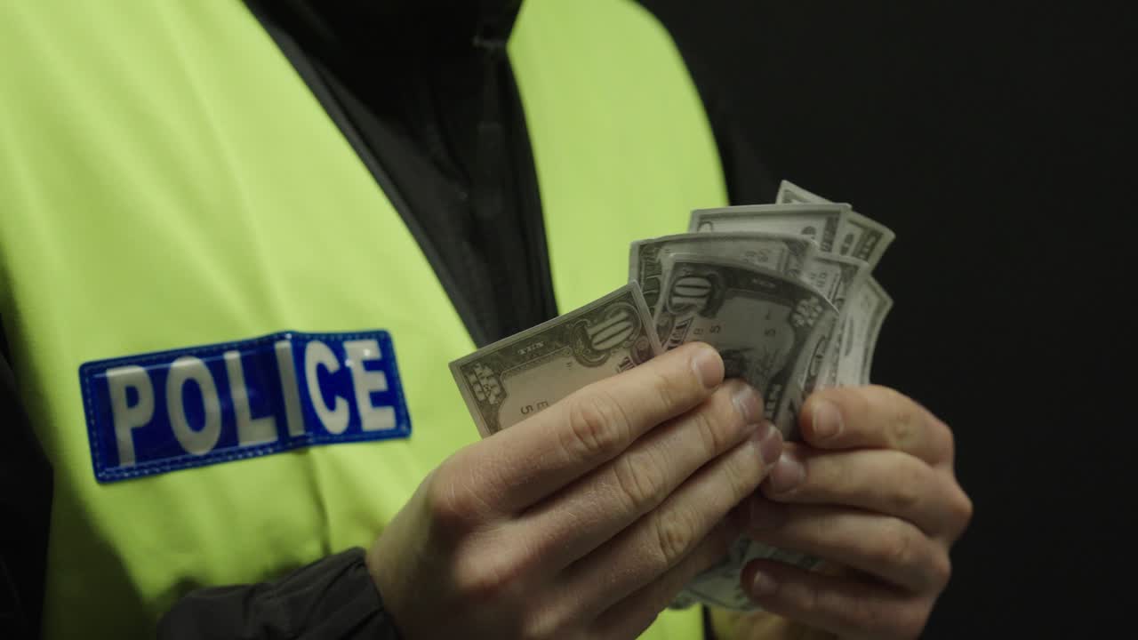 Close-up of a police officer wearing a safety vest while counting banknotes. Concept of money handling, law enforcement, investigation context, and financial evidence
