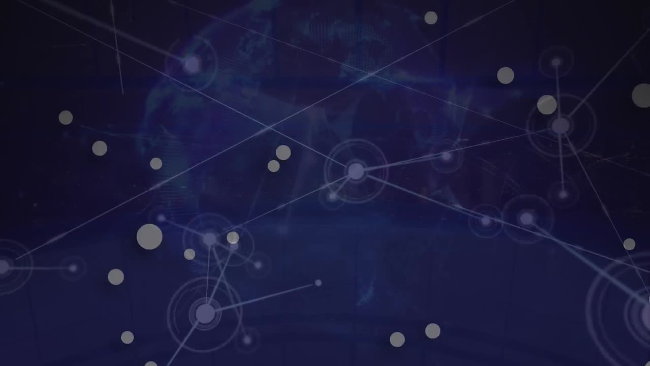 Animation of white spot over network of connections and globe of plexus network on blue background