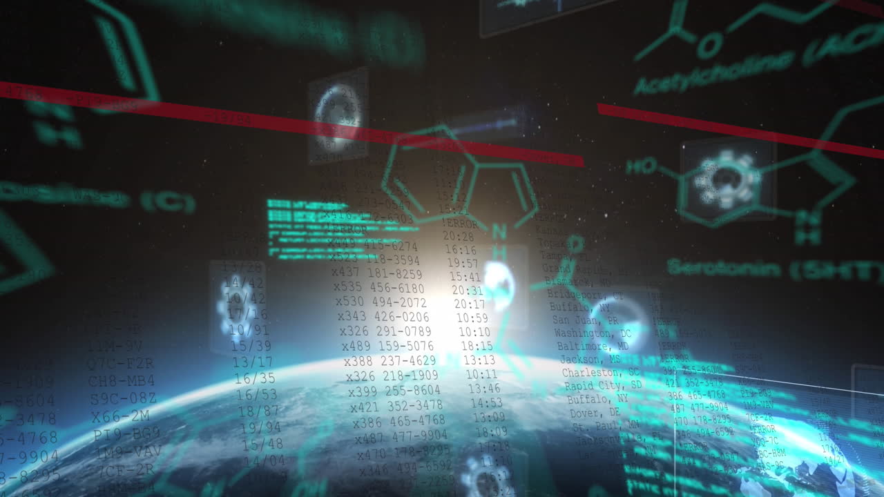 Animation of chemical structures and data processing against globe and light spot