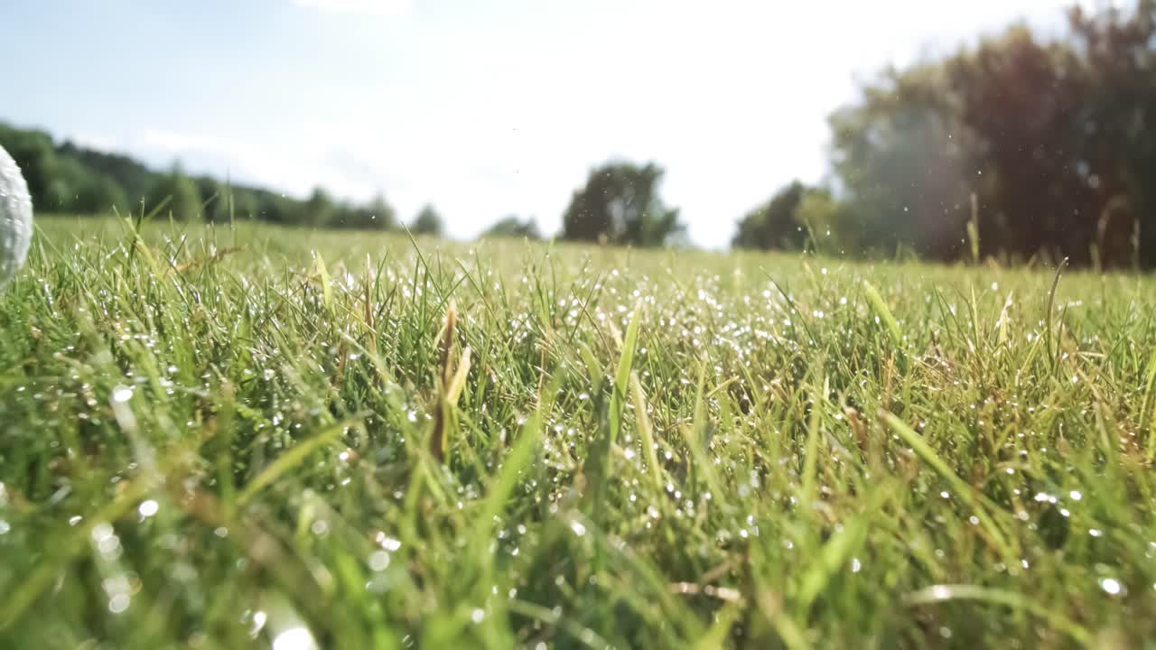 Unsuccessful Golf club hits a golf ball in a super slow motion. Drops of morning dew and grass particles rise into the air after the impact. Shot on super slow motion camera 1000 fps.