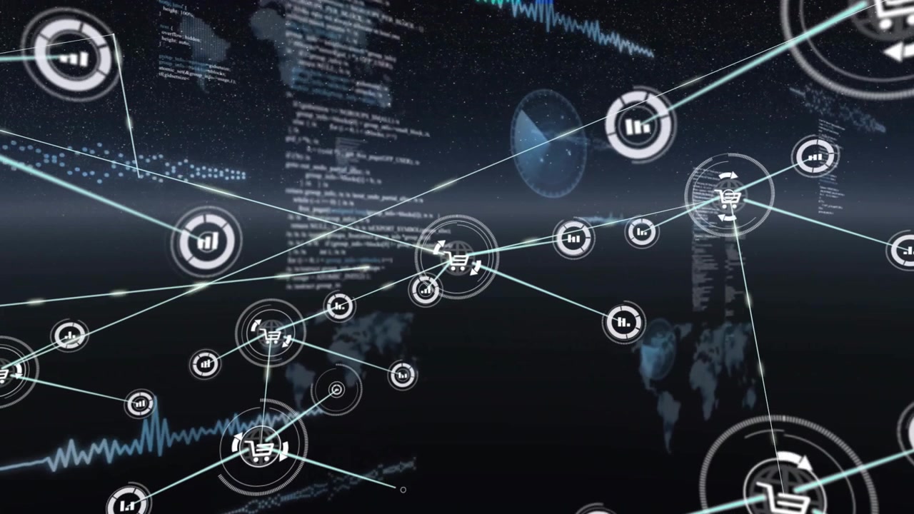 Global network connections and data processing animation over world map and graphs