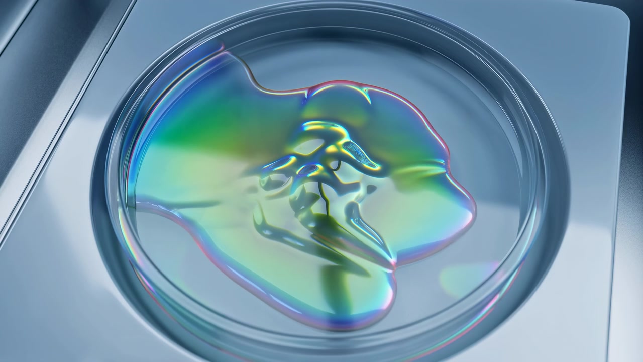 Un fluido traslucido si allarga gradualmente da una massa compatta a uno strato ampio e lucido, con riflessi verdi, ciano, viola e oro che si muovono su un piatto rotondo e un'ambientazione color argento.