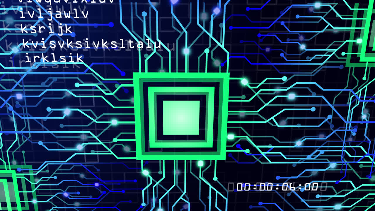 animación de circuitos integrados de neón y datos sobre fondo negro