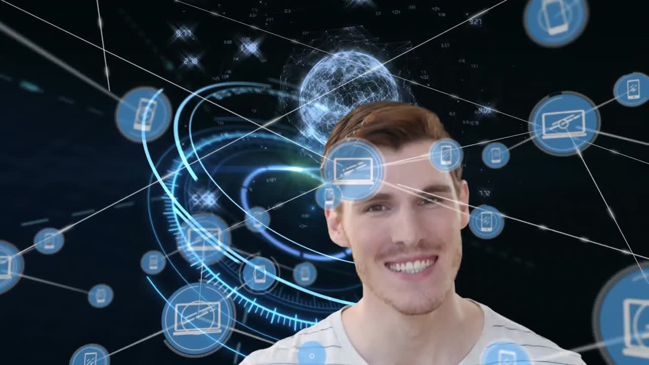 animación de un hombre caucásico sonriendo sobre un newyork de conexiones con iconos de la tecnología y el planeta