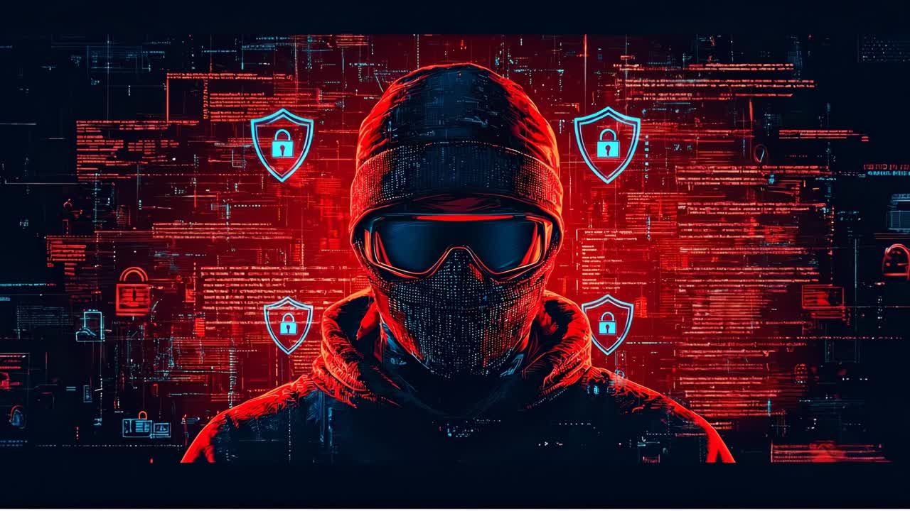 Cybersikkerhedsekspert håndterer trusler. En person i hættetrøje og solbriller arbejder med computersikkerhed.