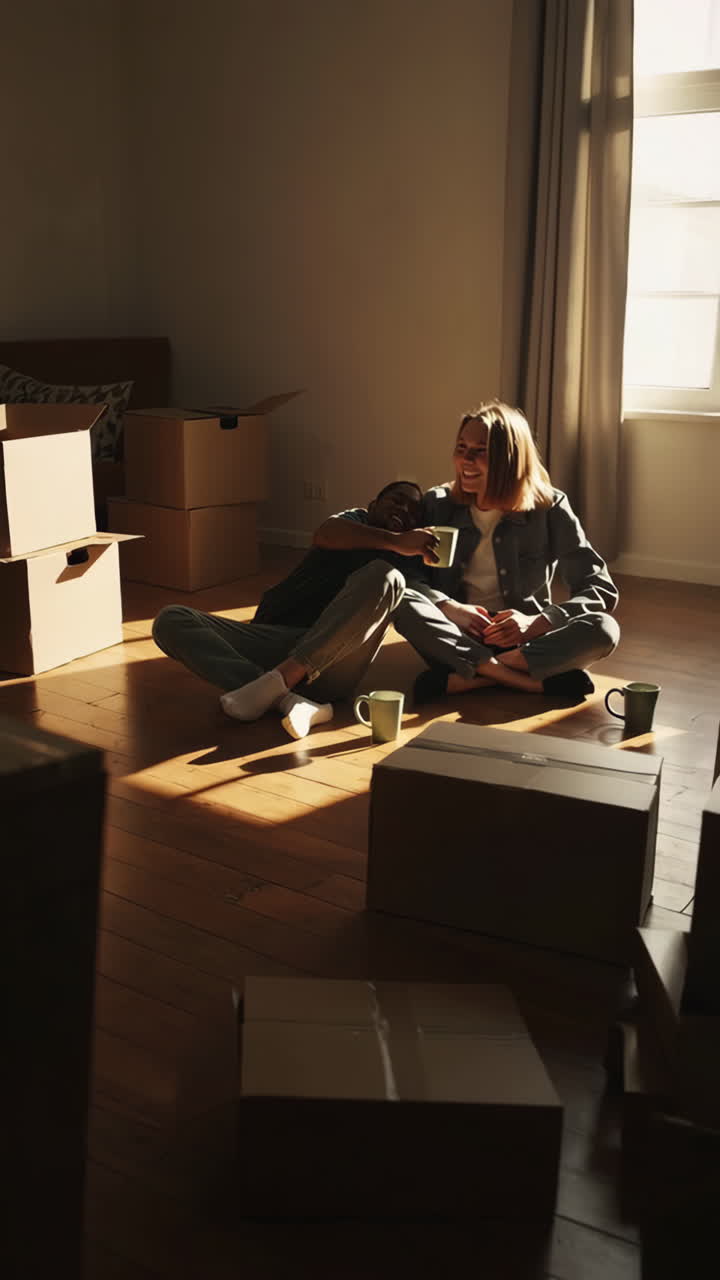 Happy Couple Taking a Break on the Floor Amidst Moving Boxes in Their New Home
