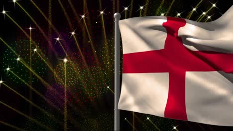 animación de la bandera de inglaterra sobre fuegos artificiales en fondo negro.