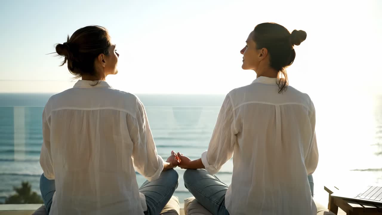 Two Women Meditating with Ocean View