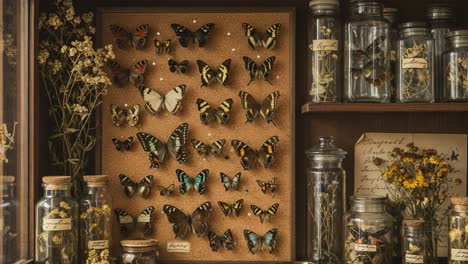 a captivating display of preserved butterflies and natural specimens captured in a beautifully arranged vintage cabinet full of nature's wonders