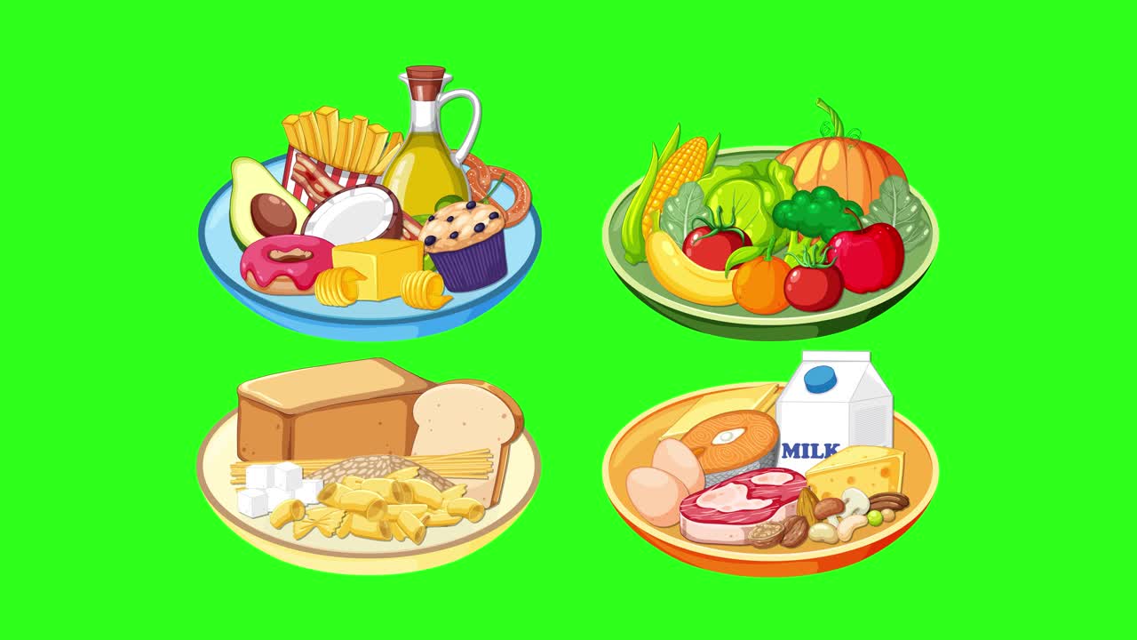Various illustrated food groups appear and arrange onto plates, set against a bright green background