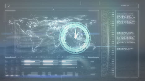 Animación-De-Reloj-En-Movimiento-Y-Procesamiento-De-Datos-Con-Mapa-Mundial-Sobre-El-Mar