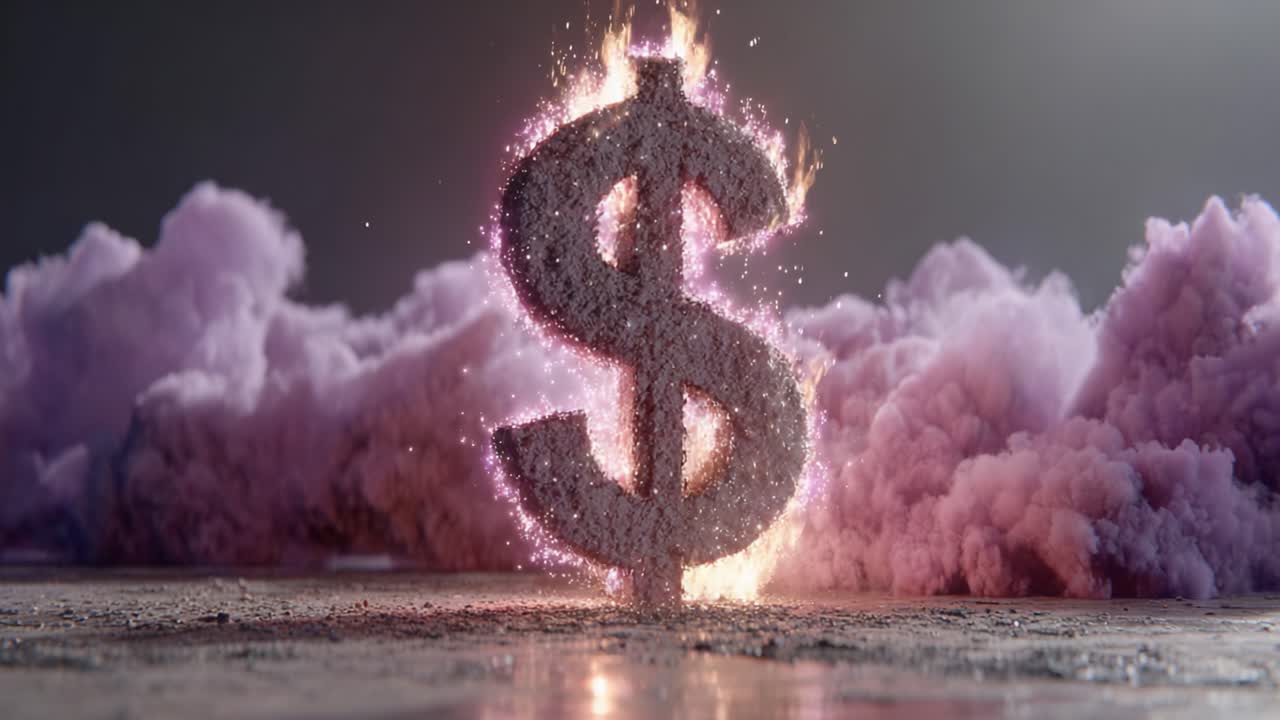 Uno spettacolo pirotecnico con un simbolo del dollaro che emerge da una nuvola di fumo vivace, a simboleggiare ricchezza, successo e la natura dinamica delle aspirazioni finanziarie.