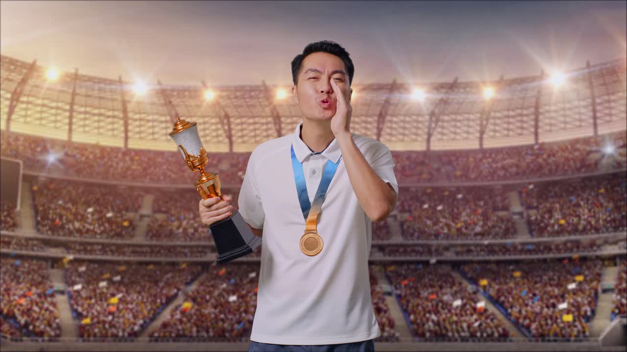 금메달을  아시아인 남자가 금 트로피를 들고 경기장에서 입 위에 손을 고 긍정적으로 소리쳤다.