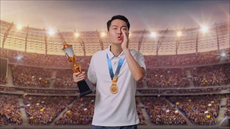 hombre asiático con una medalla de oro sosteniendo un trofeo de oro y gritando positivamente con la mano sobre la boca en el estadio