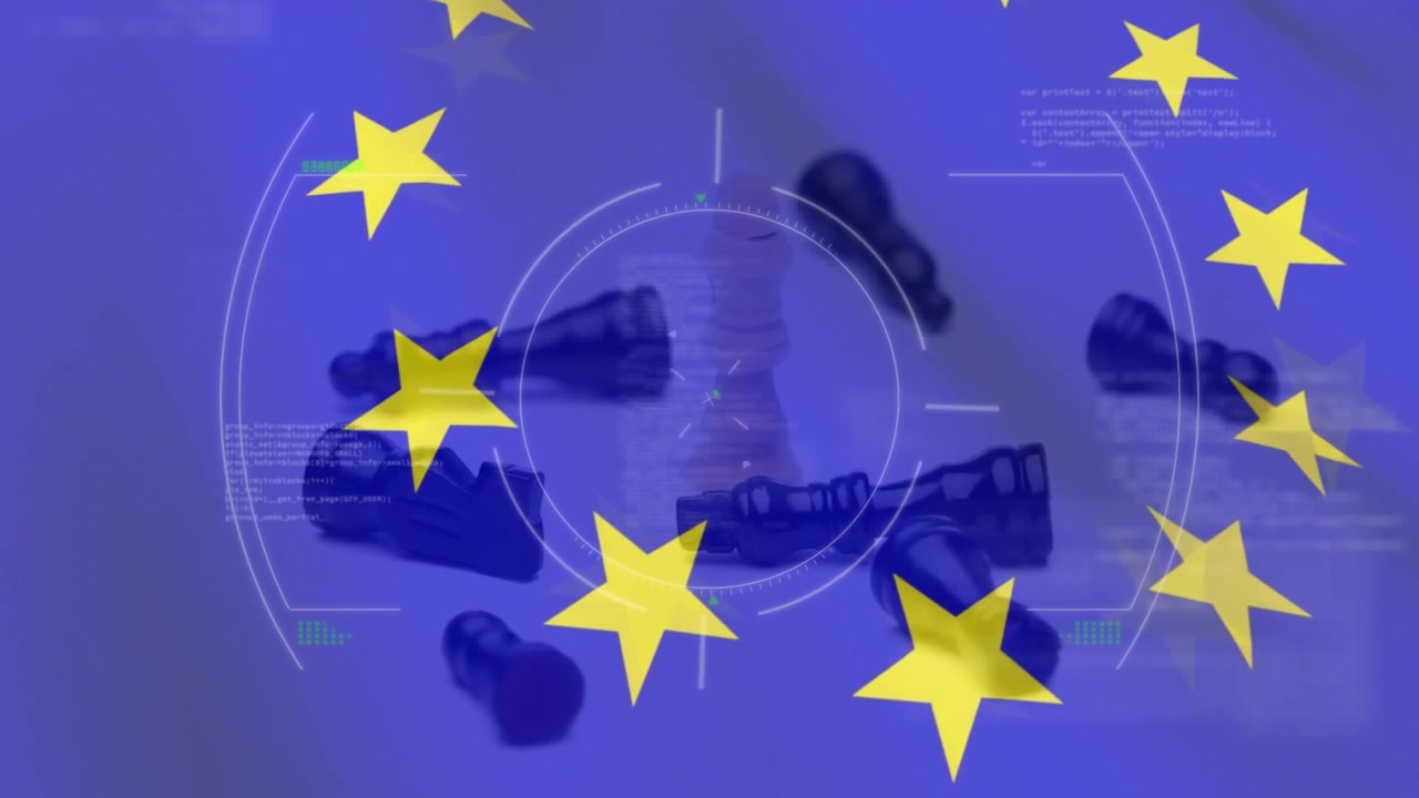 Animação de processamento de dados sobre a bandeira da UE.