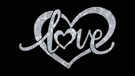 silver glitter heart with the word love