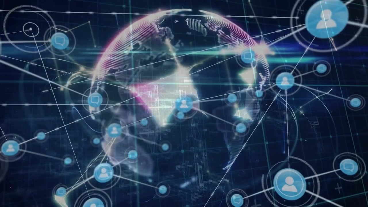 Animation of network of connections with globe over blue background