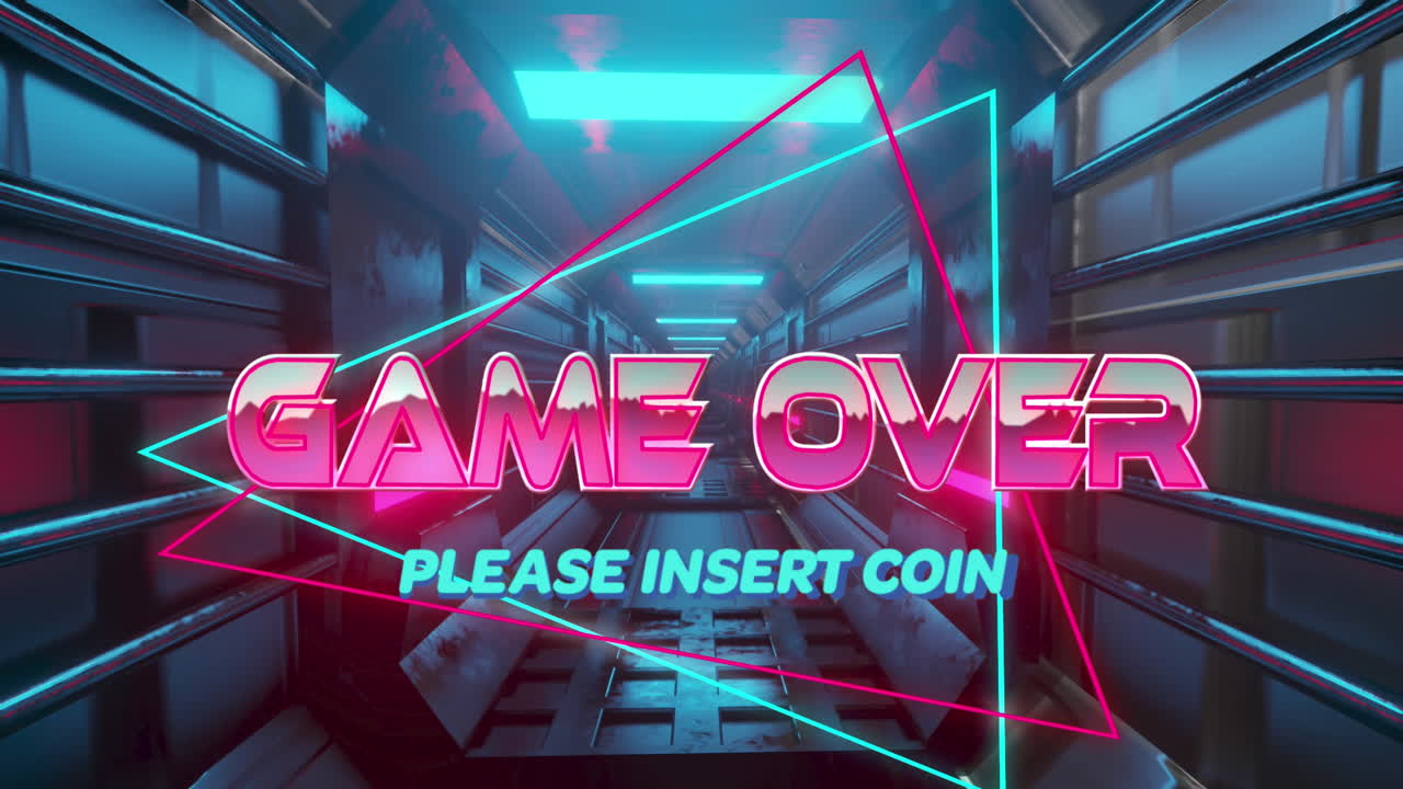 움직이는 디지털 터널을 통해 텍스트 위에 게임의 애니메이션