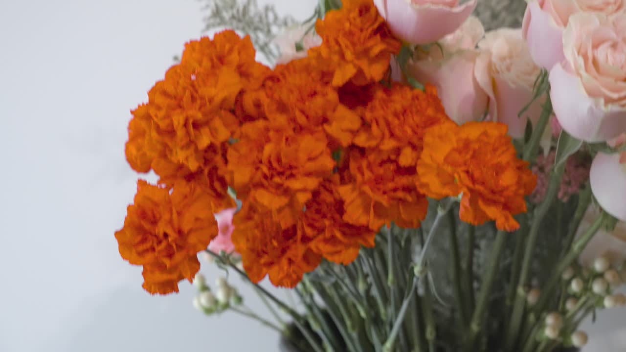 claveles rojos en un cubo de floristería antes de procesar