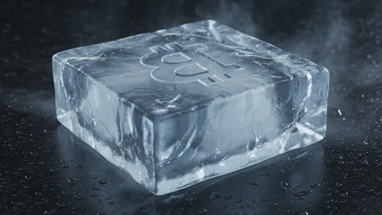 Melting Ice Block with Intricate Design, Capturing the Transitions of Water from Solid to Liquid in a Captivating Visual Sequence